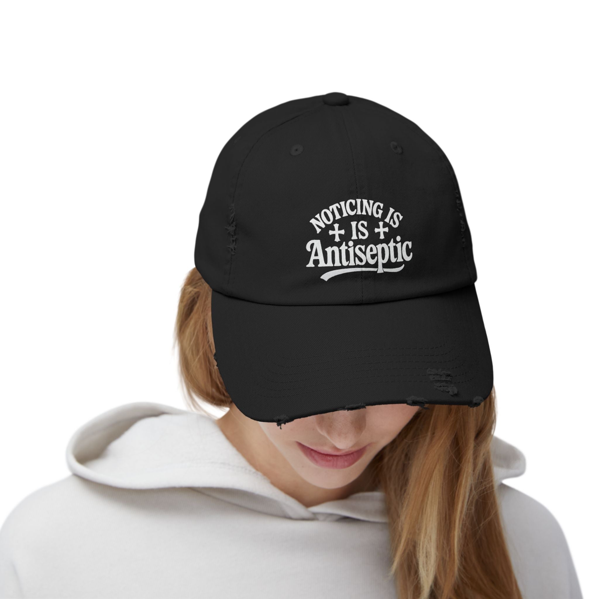 'Noticing Is Antiseptic' #002 Distressed Black Cap - TGL Staple Hat